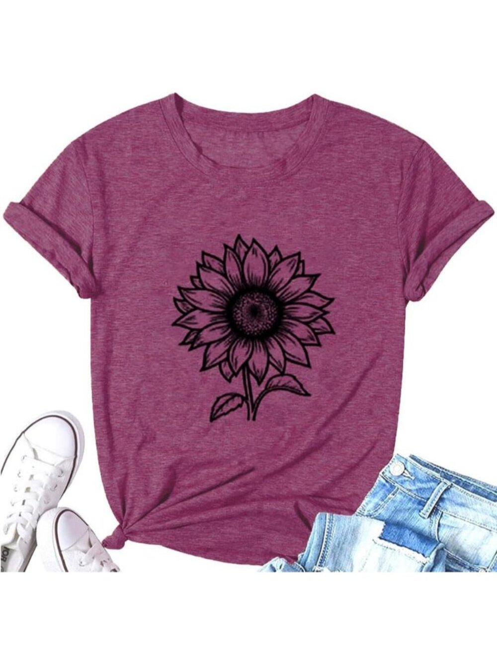 Women's Purple Crew Neck Sunflower Graphic Vintage Short Stripe Tee Shirts Tops